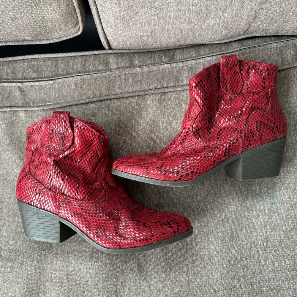 Red Snake-Print Western Ankle Boots - Women 7.5